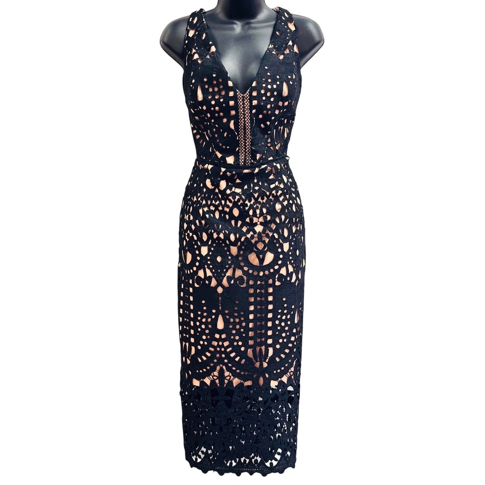 City‎ Chic Black Lace V-Neck Midi Dress Nude Lining Plus Size XXS 12 00205885